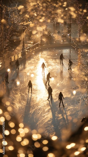 Skaters Glide Gracefully on a Winter Evening at a Festive Outdoor Ice Rink