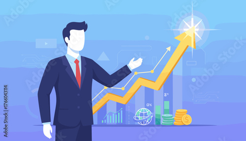 Dynamic businessman in a suit gestures towards a vibrant golden upward-trending graph, symbolizing financial growth, success, and positive economic performance, set against a clean blue background