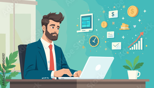 Modern businessman in a blue suit working on a laptop in an office, surrounded by floating financial icons like coins, charts, and a clock, symbolizing growth, success, and productivity in the