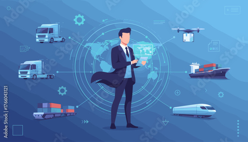 Businessman managing global logistics network with tablet, surrounded by various transportation methods including trucks, cargo ship, drone, and high-speed train, all connected by digital lines on a
