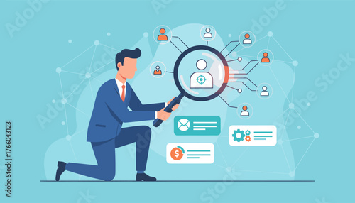 A businessman in a blue suit and orange tie kneels and uses a magnifying glass to examine a network of interconnected human icons, symbolizing recruitment, HR, and data analysis in business and