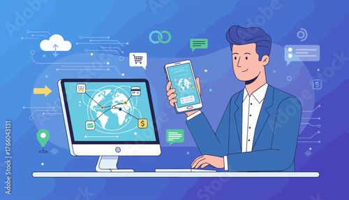 Modern businessman in a blue suit using a mobile smartphone and a desktop computer, displaying a global network map with digital connections and financial icons, symbolizing online business