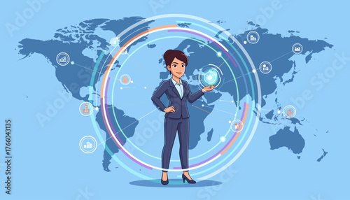Dynamic businesswoman interacting with a futuristic global network interface, symbolizing international business connections, data flow, and technological integration against a world map backdrop