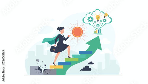 Dynamic illustration of a determined businesswoman in a suit and cape ascending a vibrant staircase, symbolizing career growth and overcoming obstacles, with a rising arrow, sun, and cloud of ideas