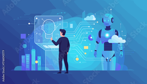 Futuristic concept of artificial intelligence and robotics, a man interacts with a holographic brain interface, while a humanoid robot stands beside him, symbolizing advanced technology and AI