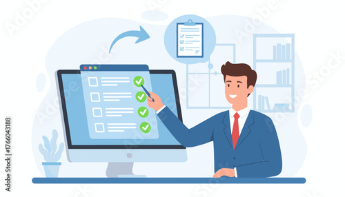 A smiling businessman in a blue suit and red tie points to a digital checklist on a computer screen, indicating successful task completion with green checkmarks, symbolizing progress and achievement