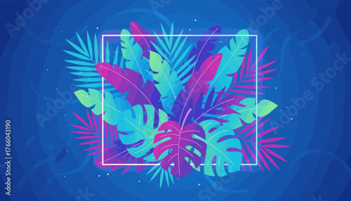 Vibrant neon tropical leaves in a square frame, set against a deep blue gradient background with subtle wavy lines and sparkling dots, evoking a modern, energetic, and exotic natural theme.