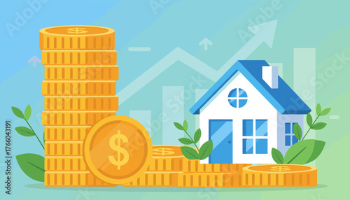 Conceptual illustration of real estate investment growth, featuring a stack of golden coins and a miniature house model against a background of rising financial charts and upward trending arrows