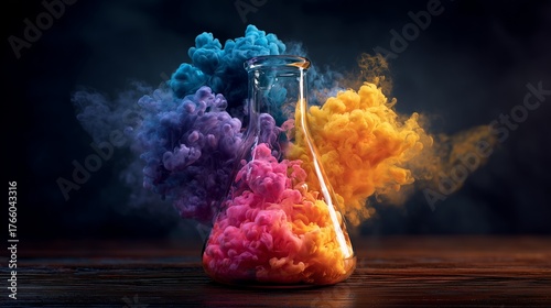 Vibrant yellow and purple ink bursts dramatically from a clear glass beaker on wooden surface