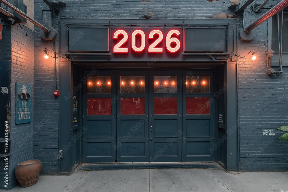 Fototapeta premium Front view of a gray brick building showcasing the year 2026 in bright red lights, located in an urban setting with decorative elements