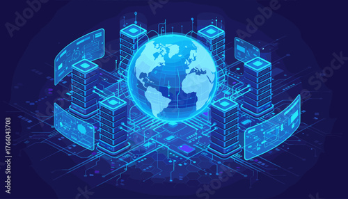 Futuristic digital network visualization featuring a glowing blue Earth at the center, surrounded by towering server racks and holographic displays, symbolizing global data connectivity and advanced
