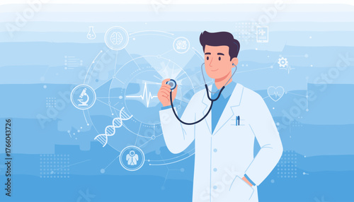 A friendly male doctor in a white lab coat holds a stethoscope to his ear, surrounded by futuristic medical icons and DNA helix graphics, symbolizing advanced healthcare, scientific research, and