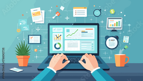 Hands typing on a laptop displaying a dashboard with charts and graphs, symbolizing AI productivity tools, data analysis, and business growth, with surrounding icons representing technology and