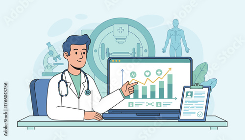 Modern healthcare business concept illustration featuring a doctor presenting medical data and statistics on a laptop screen, surrounded by medical equipment like a microscope and MRI machine