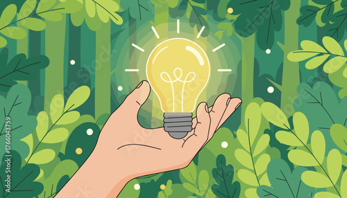 A human hand gently cradles a glowing incandescent light bulb, symbolizing innovation and bright ideas, set against a lush, vibrant backdrop of green foliage and trees, representing nature and