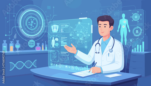Futuristic doctor in a modern laboratory, analyzing complex medical data on a holographic interface, showcasing advancements in science, technology, and healthcare research, with DNA strands and