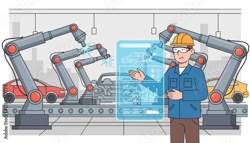 Modern industrial engineer in hard hat and safety glasses overseeing automated car manufacturing with robotic arms performing welding on assembly line, displaying holographic interface with car