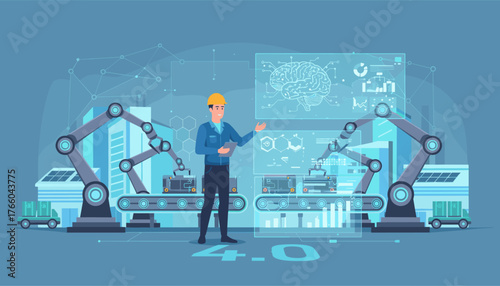 Industry 4.0 concept: A smart digital factory with robotic arms on assembly lines, a technician overseeing operations on a tablet, and holographic displays showing AI brain and data analytics
