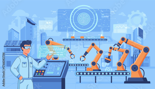 Industry 4.0 concept illustration: A technician in safety goggles oversees an automated digital factory with robotic arms on assembly lines, AI brain interface, and solar panels on futuristic