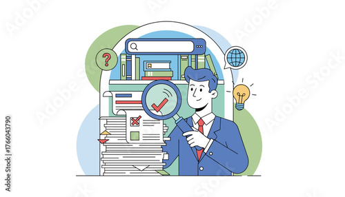 A focused businessman in a blue suit meticulously inspects a stack of documents and reports with a magnifying glass, symbolizing a thorough audit, review, or legal examination, with a search bar and