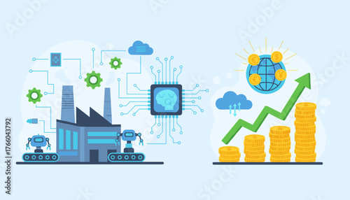 Conceptual illustration of industrial integration and automation modernization, showcasing robotic arms on assembly lines connected to a central AI chip with a brain icon, symbolizing smart