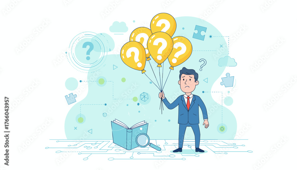 Obraz premium Confused businessman holding balloons with question marks, symbolizing uncertainty and search for answers, with an open book and magnifying glass, representing research and problem-solving, against a