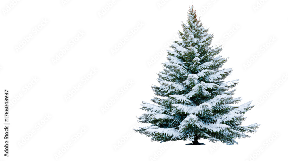 Obraz premium Snow-covered Christmas tree isolated on transparent background, single realistic pine tree in centered composition with clean white margins, photorealistic winter concept.