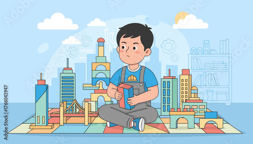 A thoughtful young Asian boy, approximately 6 years old, sits cross-legged on a colorful play mat, engrossed in building a city with toy blocks, surrounded by miniature skyscrapers and a bridge
