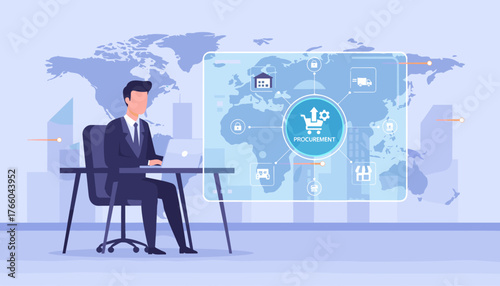 Modern business professional managing global procurement and supply chain operations from a laptop, visualized on a digital interface with world map background and icons representing logistics