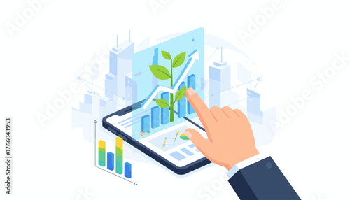Isometric illustration of a hand interacting with a digital tablet displaying a financial growth chart with a plant symbolizing business development and a cityscape in the background, representing