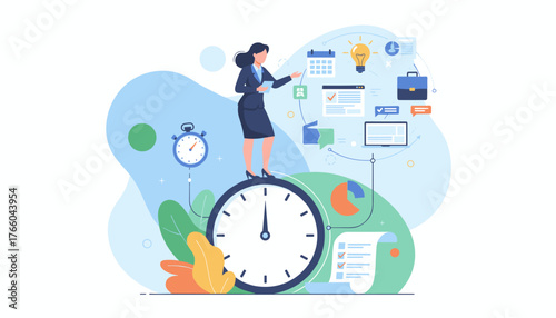 Productive businesswoman skillfully managing tasks and time, symbolizing efficiency and multitasking with clocks, calendar, laptop, and checklist, representing effective business strategy and