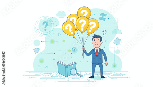 Confused businessman holding balloons with question marks, symbolizing uncertainty and search for answers, with an open book and magnifying glass, representing research and problem-solving, against a