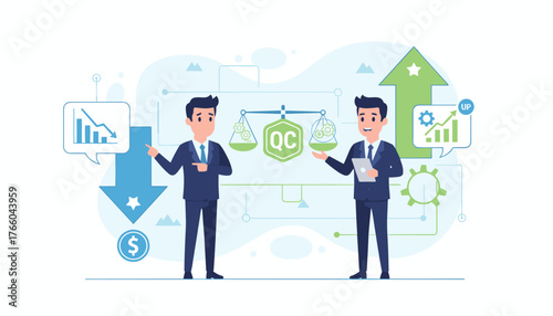 Businessmen contrasting quality control outcomes with one showing declining financial performance and the other indicating upward growth and success, symbolizing business strategy and analysis.