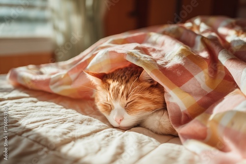 Cozy Orange Cat Resting on Bed Under Colorful Blanket in Soft Morning Light