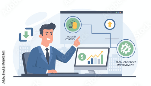 Businessman analyzing budget control and product/service improvement with financial charts on computer screen, illustrating business growth and efficiency in a modern office setting with city skyline