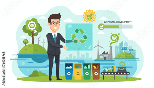 Illustrative concept of sustainable development and ecological waste management, featuring a businessman presenting the recycling symbol amidst a landscape with wind turbines, solar panels, a