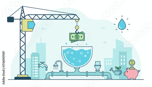 Conceptual illustration of financial investment in water infrastructure and conservation, with a crane lifting money into a water basin, symbolizing resource management and urban development