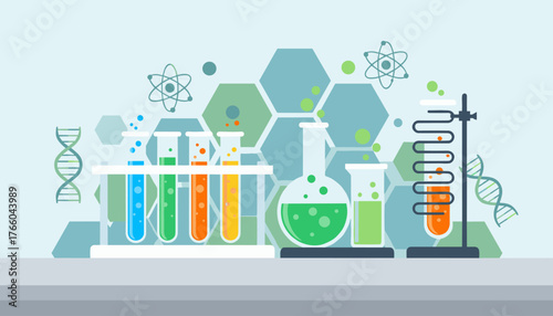 Vibrant scientific laboratory scene featuring colorful test tubes, beakers, and flasks filled with bubbling liquids, alongside DNA strands and atomic symbols, set against a backdrop of hexagonal