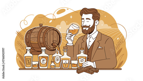 A distinguished gentleman with a beard and mustache savoring the rich amber hues and complex aromas of fine whisky or bourbon from a tasting glass, surrounded by oak barrels, bottles, and wheat