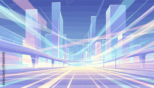 Abstract pastel light streaks create a futuristic urban street scene with towering skyscrapers and elevated highways, evoking a sense of speed, motion, and modern city life in a dreamy, ethereal