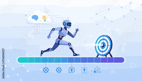 Futuristic AI robot running towards a target on a progress bar, symbolizing artificial intelligence implementation, technological advancement, and goal achievement in a digital network background