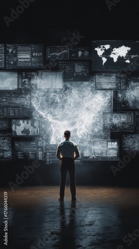 Man Observes Multiple Screens Filled With Data and Graphics in a Modern Contr...