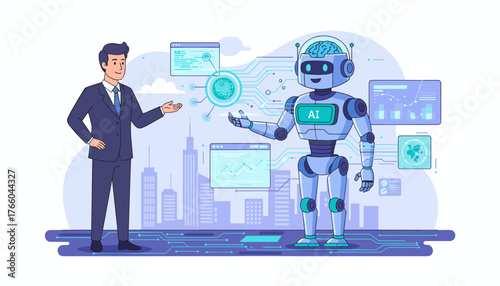 Futuristic AI technology concept with a businessman interacting with a robot, showcasing artificial intelligence, data analysis, and advanced algorithms against a city skyline background