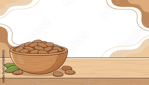 A charming, hand-drawn illustration features a rustic wooden bowl overflowing with whole almonds, placed on a light-colored wooden table, with a few almonds scattered around and fresh green leaves