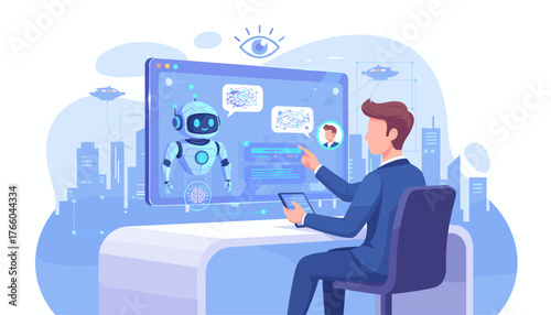 Modern businessman interacting with a friendly AI chatbot on a futuristic holographic interface, showcasing artificial intelligence and technology in a smart city environment with flying vehicles and