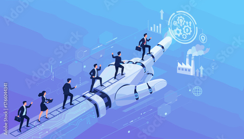 Futuristic business concept: Diverse professionals ascend a robotic arm, symbolizing AI-driven growth, innovation, and technological advancement in a modern, digital landscape with industry and