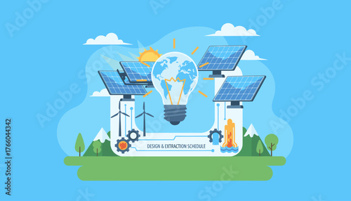 Vibrant illustration showcasing the interconnectedness of renewable energy sources, featuring solar panels, wind turbines, and a lightbulb with the Earth inside, symbolizing global sustainability and