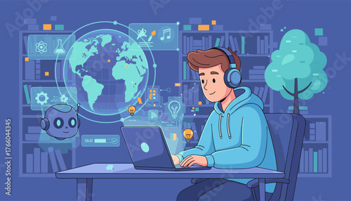 Vibrant illustration of a young person wearing headphones, engrossed in learning on a laptop, with a holographic projection of the Earth and AI elements symbolizing education and technology, set