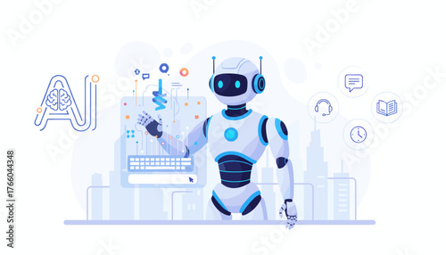 Futuristic AI robot interacting with a digital interface, symbolizing artificial intelligence, machine learning, and advanced technology, with icons representing communication, learning, and time