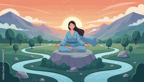 Serene woman in blue meditating in lotus position on a rock amidst a tranquil landscape with winding river, lush trees, and majestic mountains under a vibrant sunrise, symbolizing peace, mindfulness
